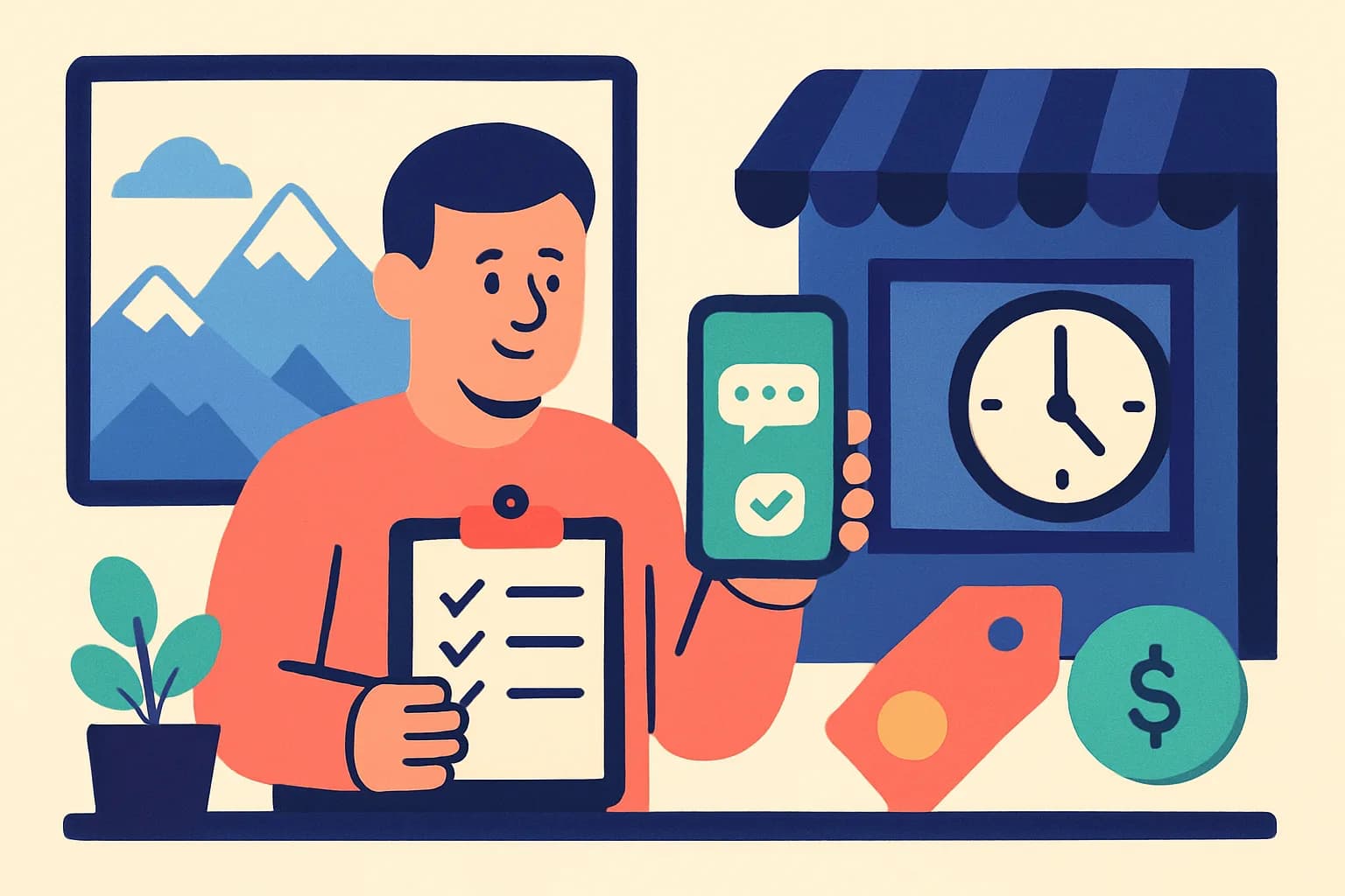Ilustración: un comerciante suizo configura una aplicación de mensajería en el móvil, con una lista de verificación, un reloj y los Alpes al fondo