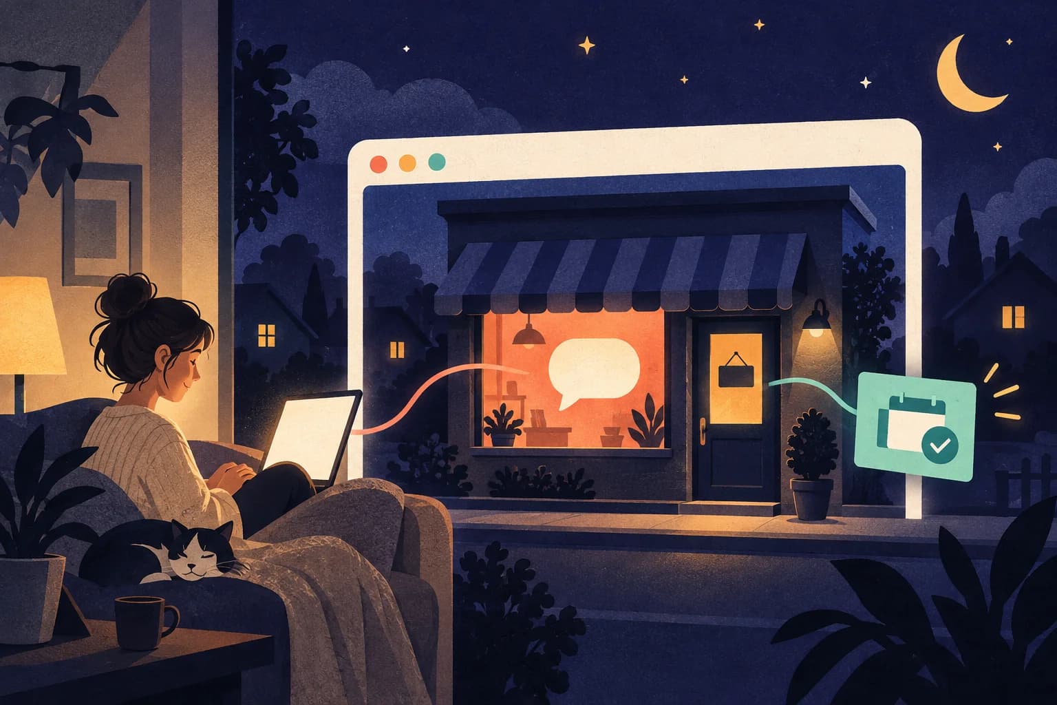 Illustration d’une boutique fermée dans une fenêtre de navigateur, éclairée par une bulle de chat qui la relie à une visiteuse sur son ordinateur la nuit