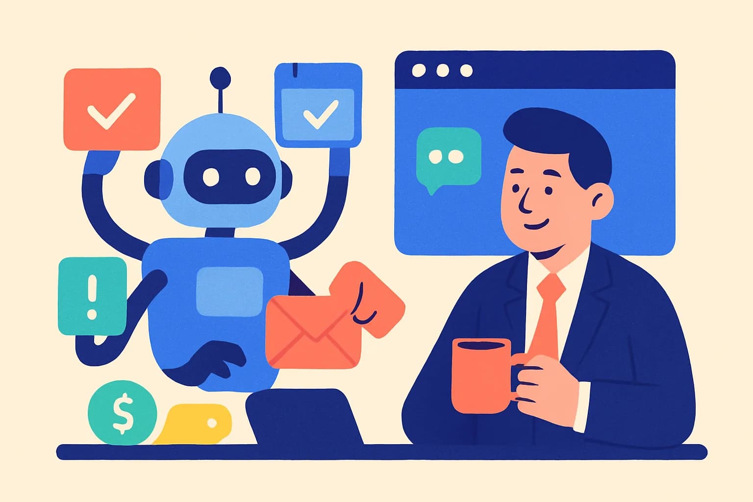 Illustration : un assistant robot gère commandes, réservations, tickets et e-mails pendant qu’un chef d’entreprise se détend avec un café