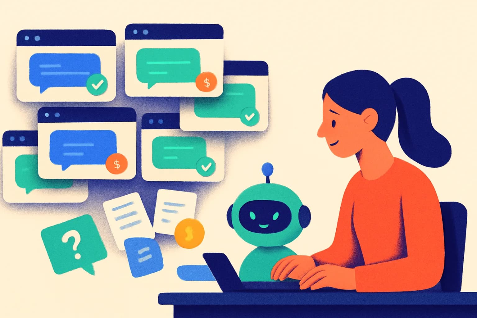 Illustration : une entrepreneuse compare les widgets de chat de huit sites pendant qu’un robot apprend à partir de pages et de documents