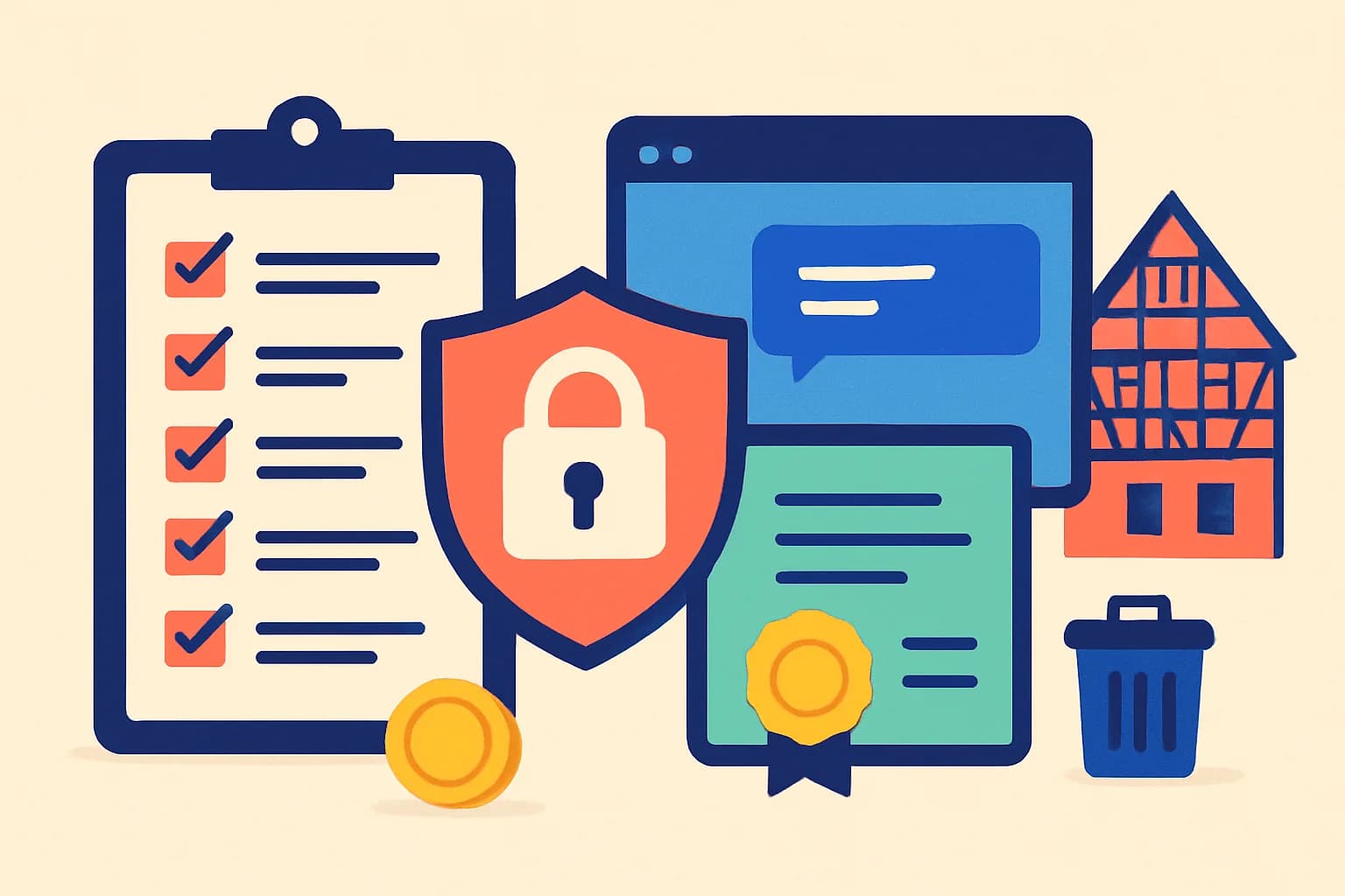 Illustration : une liste de contrôle de protection des données, un bouclier avec cadenas au-dessus d’un widget de chat et un accord de traitement des données