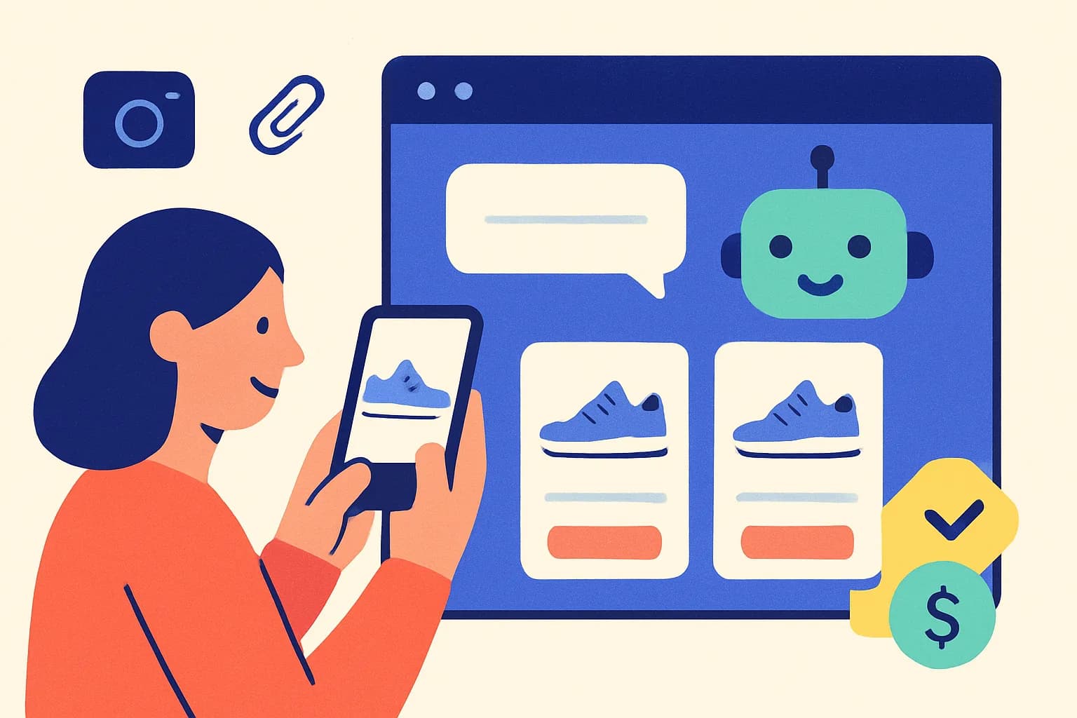 Illustration : une cliente photographie des baskets avec son téléphone et le chat répond avec des produits correspondants