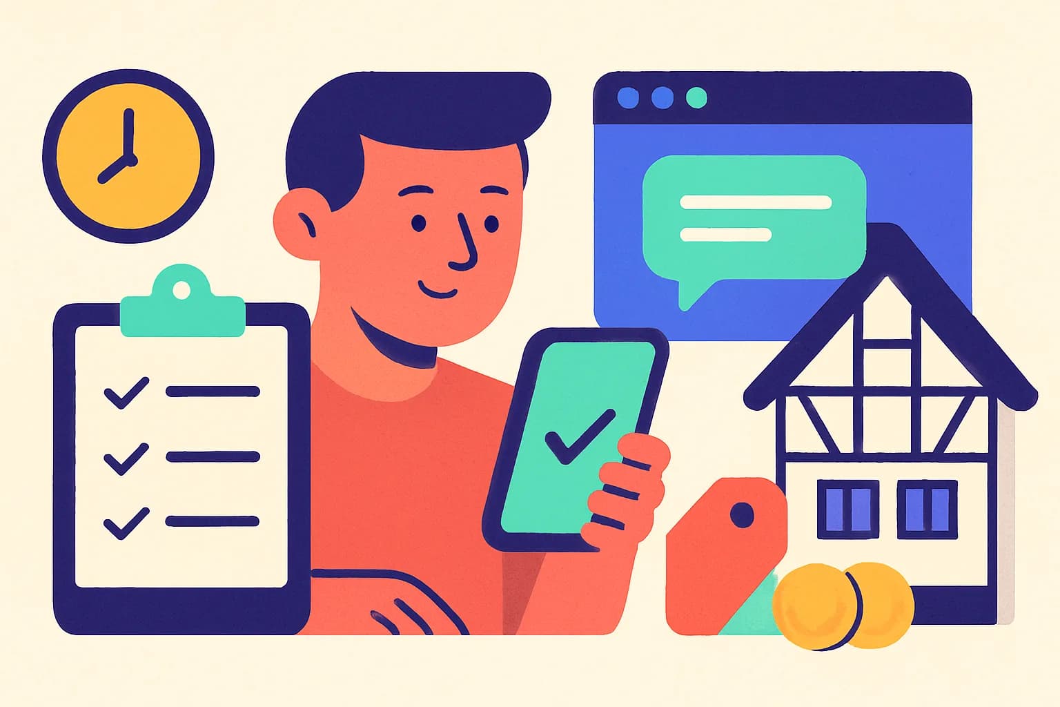 Ilustración: un empresario alemán de una pyme configura una aplicación de mensajería en el móvil, con una lista de verificación y horarios de apertura