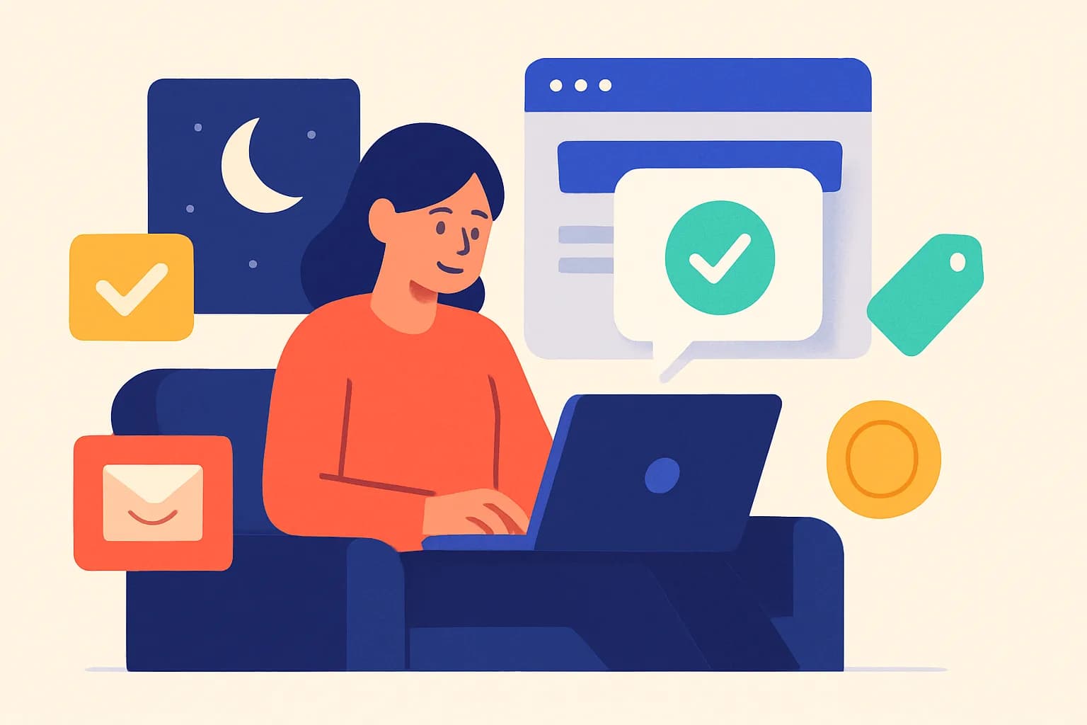 Illustration : un visiteur sur son canapé obtient une réponse instantanée d’un widget de chat de site web, en pleine nuit